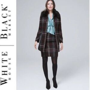 NWT White House Black Market Black & Garnet Plaid Tweed “Boot” Skirt in Size 2